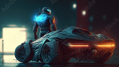 Epic future male character in leather suit with futuristic black car model at night © Henry Letham