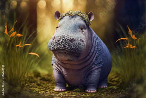 Cute funny tiny hippo in a forest