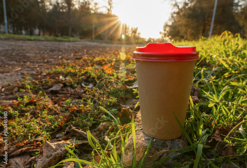 Cup of coffee stands on the sidewalk next to a green lawn (close-up). Evening. Sunset © Oleksandr Baranov