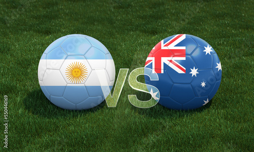 Football football with Argentina vs. Australia 3D match flags on green football field