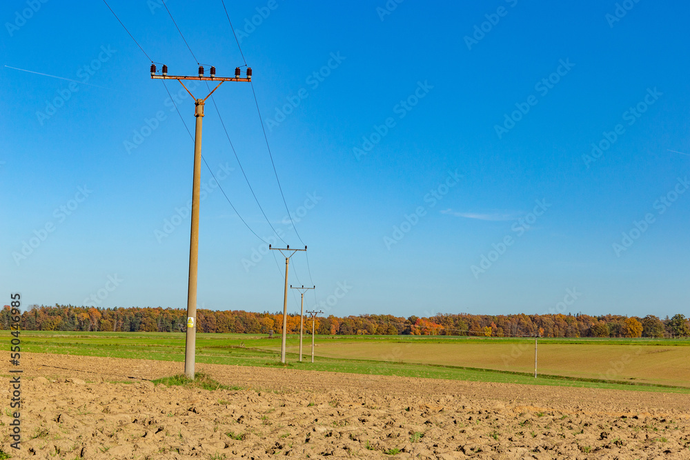 Autumn rural landscape with forest, fields and blue sky.