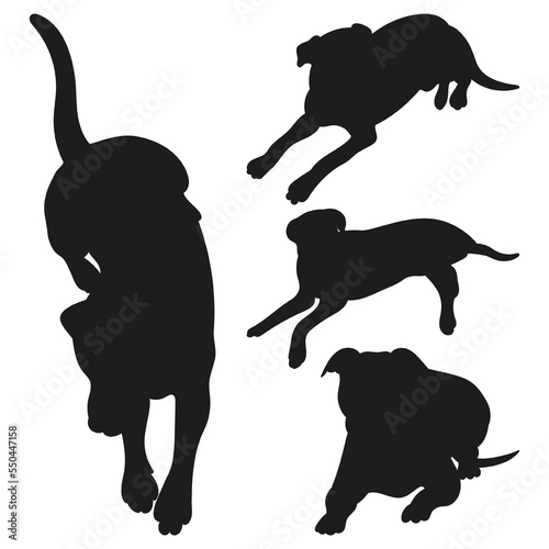Set of black silhouettes of dogs lying, lie position, pack of shapes and figures of pets hand drawn, isolated vector