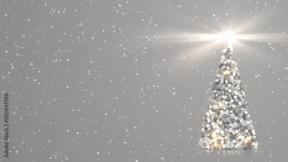 Merry Christmas greeting animated card. Christmas tree with shining light and sparking around on light grey background, 4K holiday live wallpaper