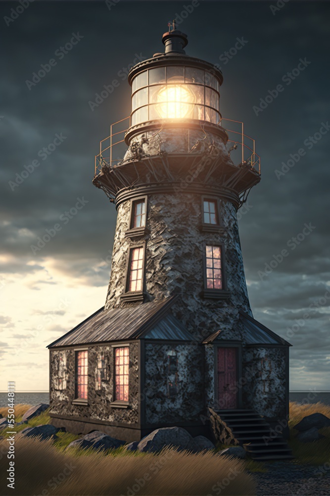 Lighthouse shines on the coast at night