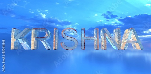 The name of the Creator Krishna consisting of water over the sea surface against the blue sky. 3d rendering.