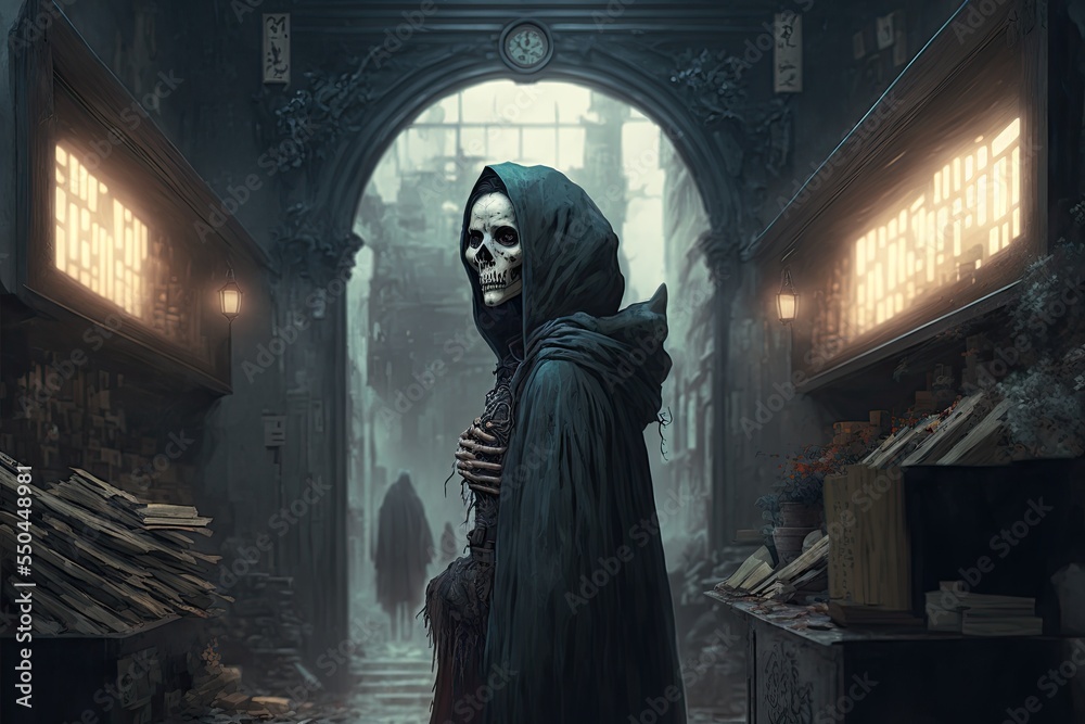 Hooded skeleton character in dark alley Hooded skeleton character in dark alley