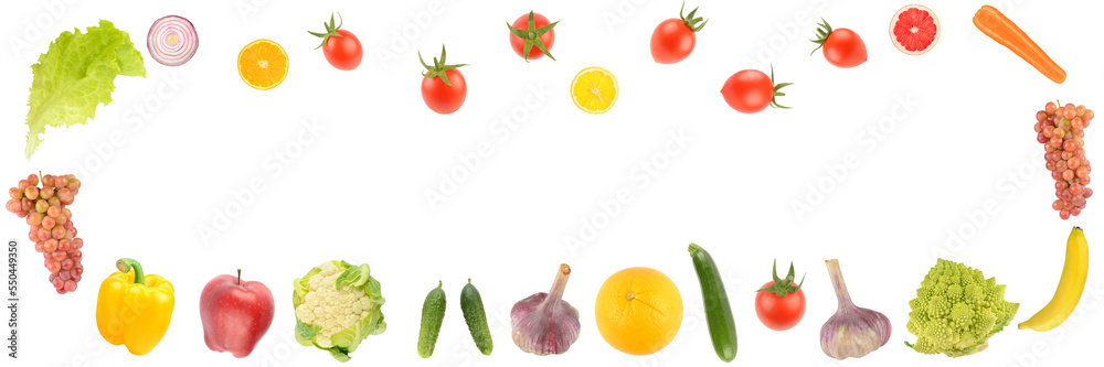 Wide frame of healthy fruits and vegetables isolated on white Wide frame of healthy fruits and vegetables isolated on white
