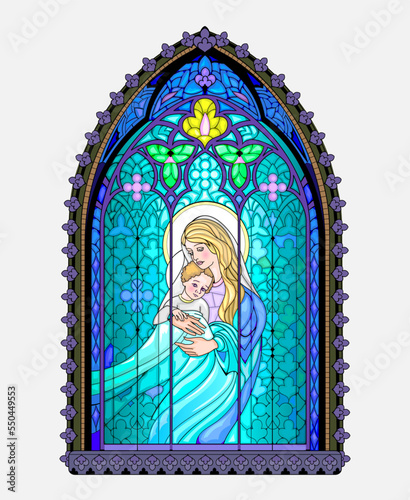 Beautiful colorful medieval stained glass window. Gothic architectural style. Illustration of Madonna and Child. Architecture in France churches. Middle ages in Western Europe. Vector drawing.
