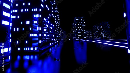 flight through hi-tech technology tunnel with camera shake. Neon light, sci-fi constructions, mysterious 3d objects. Fly through technology cyberspace. 3d almost looped 4k bg. Abstract city photo