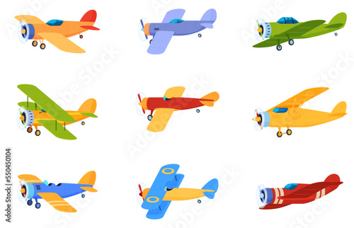 Old retro propeller planes. Airplanes for flight in the sky among the clouds. Vector illustration