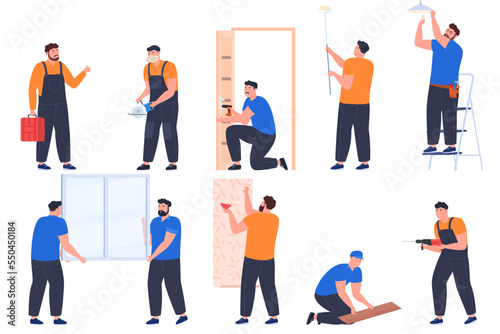 Professional craftsmen carry out repairs in an apartment, a house. Construction and repair of residential premises. Vector illustration