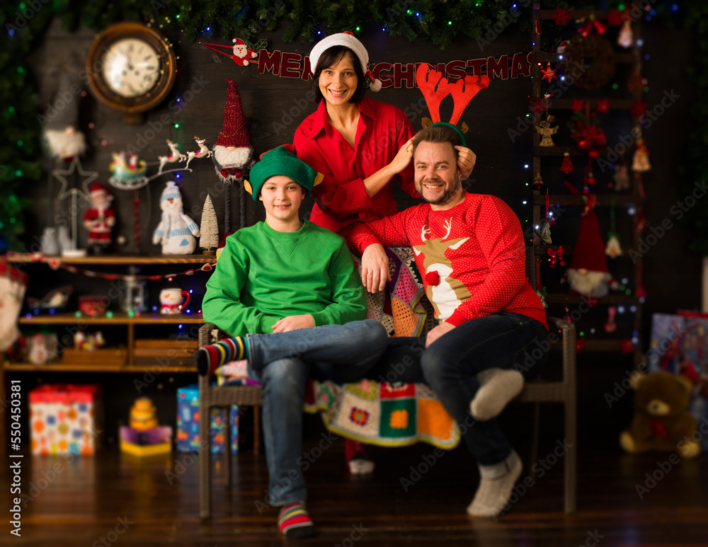 Fototapeta premium portrait of happy family in christmas decoration