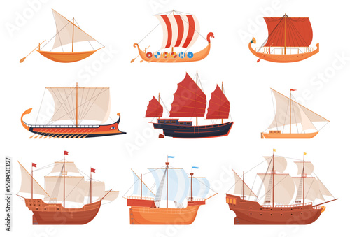 Vintage sailboats of different eras and countries. Ships travel across the seas and oceans in different periods of time. Vector illustration