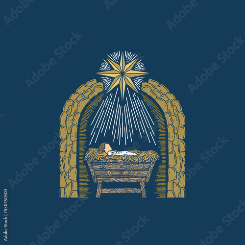 The Nativity Scene. A hand-drawn manger for the baby Jesus. The Star of Bethlehem above the stable where the Savior of the world was born.