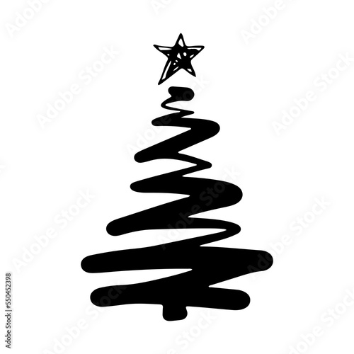 Christmas tree in doodle style. Hand drawn sketch of a Christmas tree. Vector illustration. Isolated on a white background. Illustration for graphics, website, logo, icons, postcards