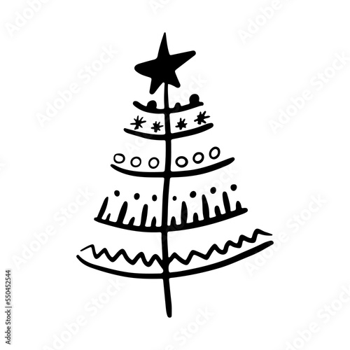 Christmas tree in doodle style. Hand drawn sketch of a Christmas tree. Vector illustration. Isolated on a white background. Illustration for graphics, website, logo, icons, postcards