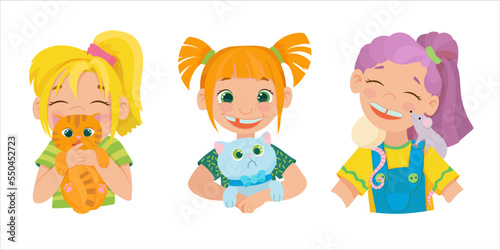 Children with pets. Loyal friends. Fluffy animals in cartoon style. Vector illustration isolated on white background.