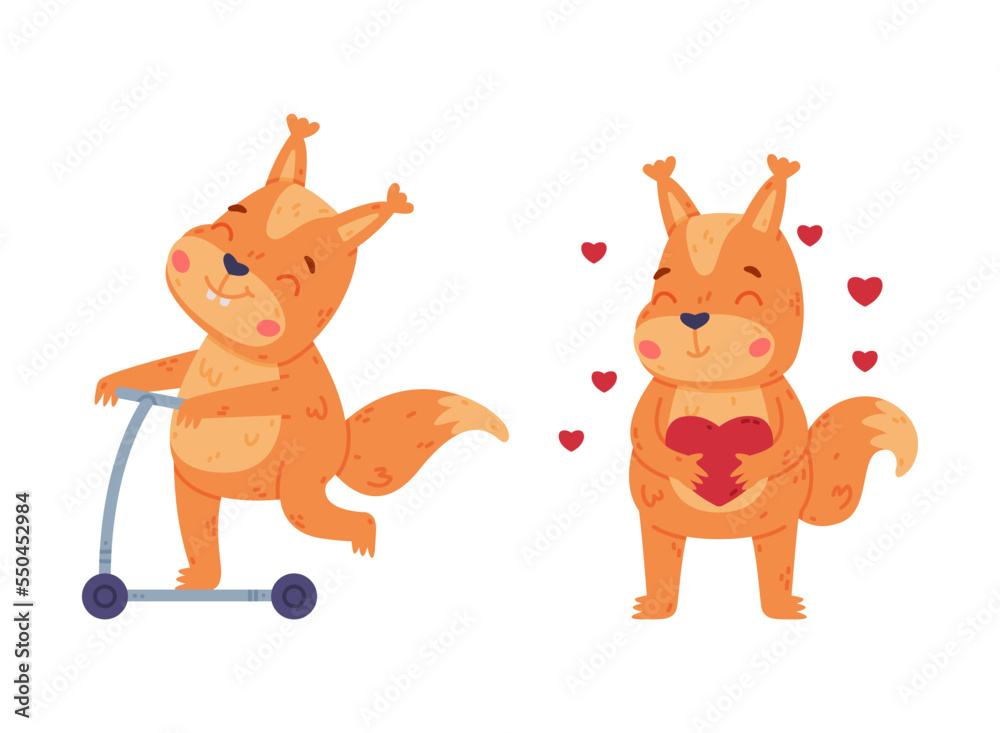 Fototapeta premium Funny Squirrel Character with Bushy Tail Riding Scooter and Holding Heart Vector Set