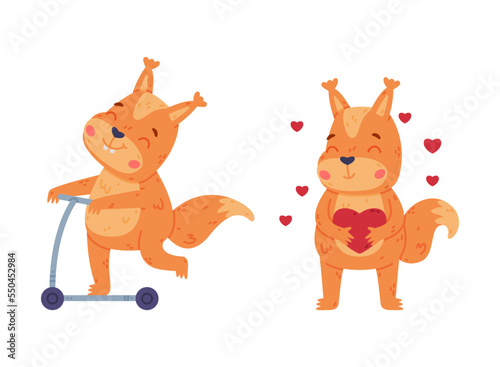 Funny Squirrel Character with Bushy Tail Riding Scooter and Holding Heart Vector Set