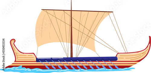 Vintage ship, transport ark roman, ship sea, wooden sail antique, isolated on white, design, flat style vector illustration.