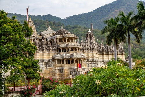 Ranakpur jain temple surrounded by mountains coveres with trees, India
