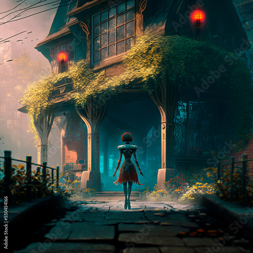 A girl on the background of a mysterious house. High quality illustration