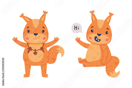 Funny Squirrel Character with Bushy Tail Saying Hi and Standing with Open Paws Vector Set