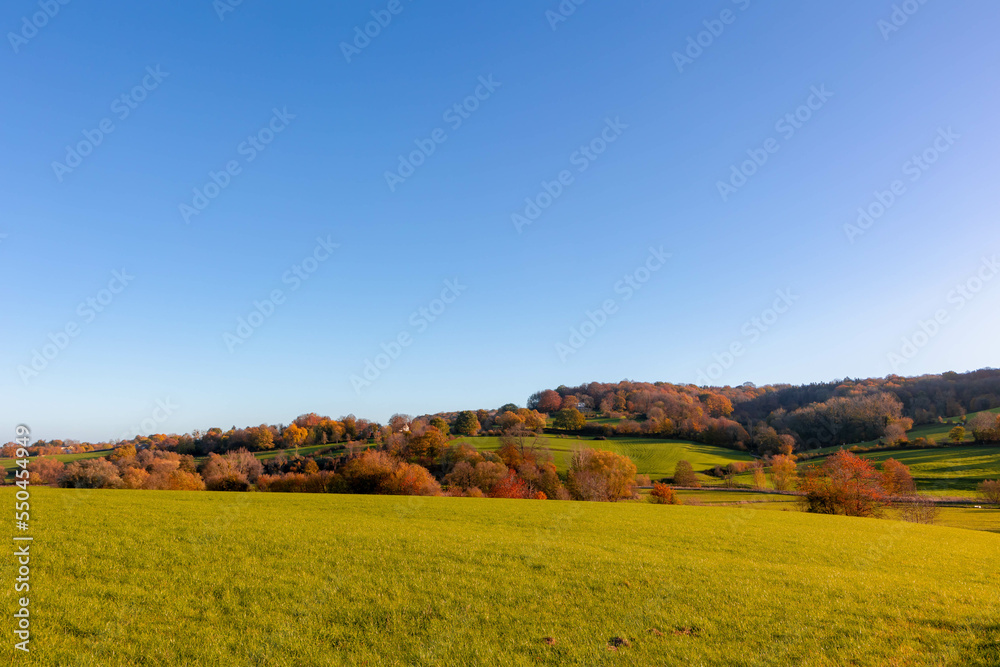 Colorful Autumn landscape of hilly countryside in Zuid-Limburg, Small houses on hillside with sunlight in the morning, Epen is a village in southern part of the Dutch province of Limburg, Netherlands.