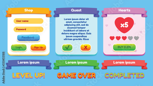 GUI Kit casual Assets for a game mobile phone, a set of elements for the game interface. Pop-ups. Vector.
