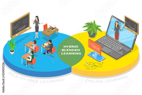 3D Isometric Flat Conceptual Illustration of Hybrid Learning