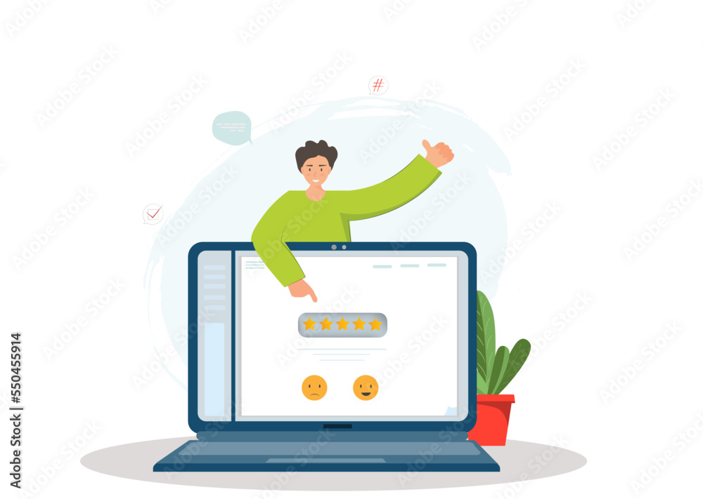 Man rating the web site or web page, web site, writing customer reviews, star rating concept, leaving feedback and comments, flat vector illustration