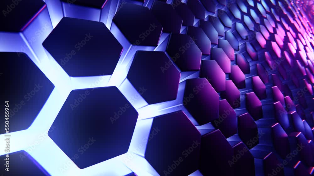 Futuristic Hexagon background. 3d render. Abstract blue pink Hexagonal pattern. Random motion. Seamless loop