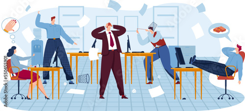 Office cartoon manager look at man woman people worker character at work chaos, vector illustration. Lazy unmotivated person at workplace.