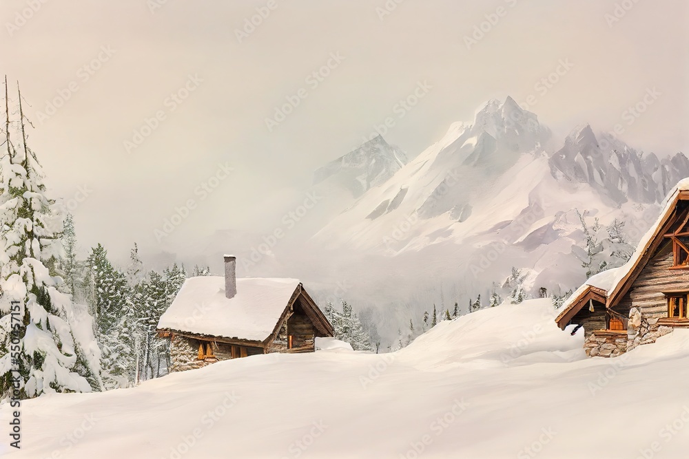 cozy cottage house covered by snow