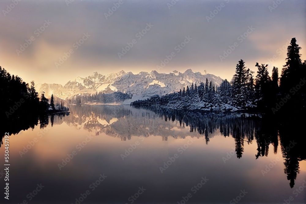 mountain panorama with view of lake