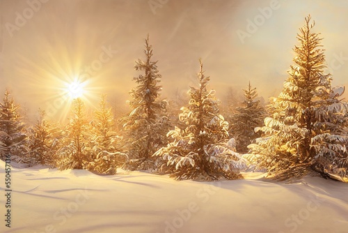 bright sunsines between wintery trees, snowy postcard concept © MUNUGet Ewa
