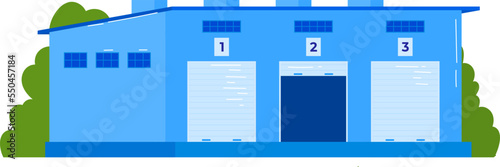 Warehouse building design, vector illustration. Outdoors storage for business cargo transportation, flat delivery industry.