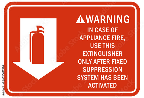 Fire extinguisher instruction sign and labels in case of appliance fire use this extinguisher after fixed suppression system has been activated