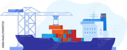 Transport with cargo package, transportation delivery by ship, flat logistic shipment business, vector illustration. Freight box parcel at boat