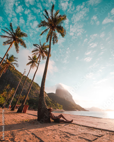 man resting in palm tree on the beach