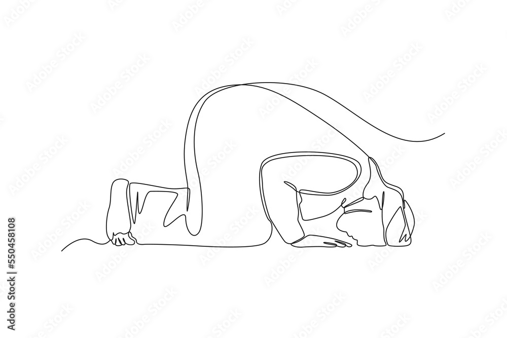 Single one line drawing muslim man praying on sujud bow down gesture. Prayer movement concept. Continuous line draw design graphic vector illustration.