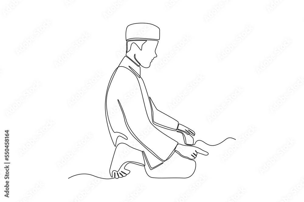 Single one line drawing prayer movement sitting. Julus. Prayer movement concept for muslims. Continuous line draw design graphic vector illustration. Single one line drawing prayer movement sitting. Julus. Prayer movement concept for muslims. Continuous line draw design graphic vector illustration.