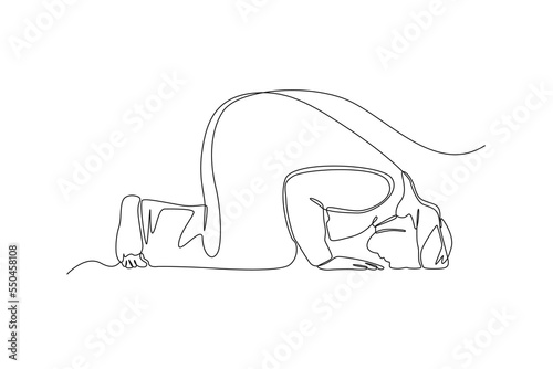 Single one line drawing muslim man praying on sujud bow down gesture. Prayer movement concept. Continuous line draw design graphic vector illustration. photo