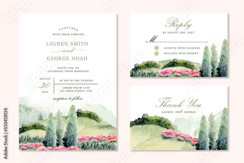 wedding invitation with beautiful green hill and flower garden watercolor landscape