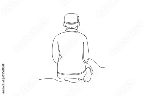 Single one line drawing  the movement of praying sitting between two prostrations. Prayer movement concept for muslims. Continuous line draw design graphic vector illustration.