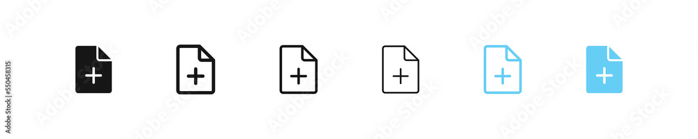 File plus icon. Document add sign. Save list symbol. Medical page icons. Black and blue color. Vector sign.