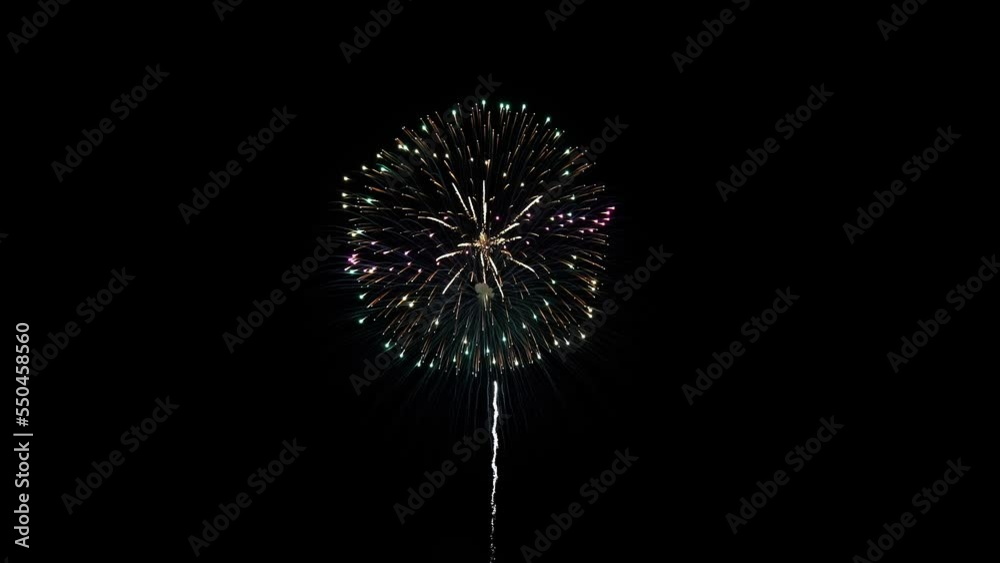4K. loop seamless of real fireworks background. abstract blur of real golden shining fireworks with bokeh lights in the night sky. glowing fireworks show.