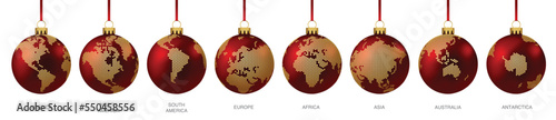 Christmas Balls with World dotted Globe - Maps - Continent - America Europe Asia Europe Africa Australia  - Vector