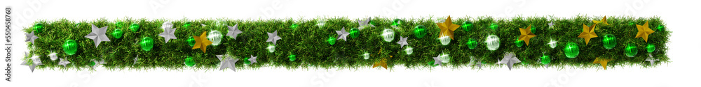 Beautiful christmas wreath like line with shiny stars and green orbs, on transparent background (RGBA 3D Rendering PNG)	