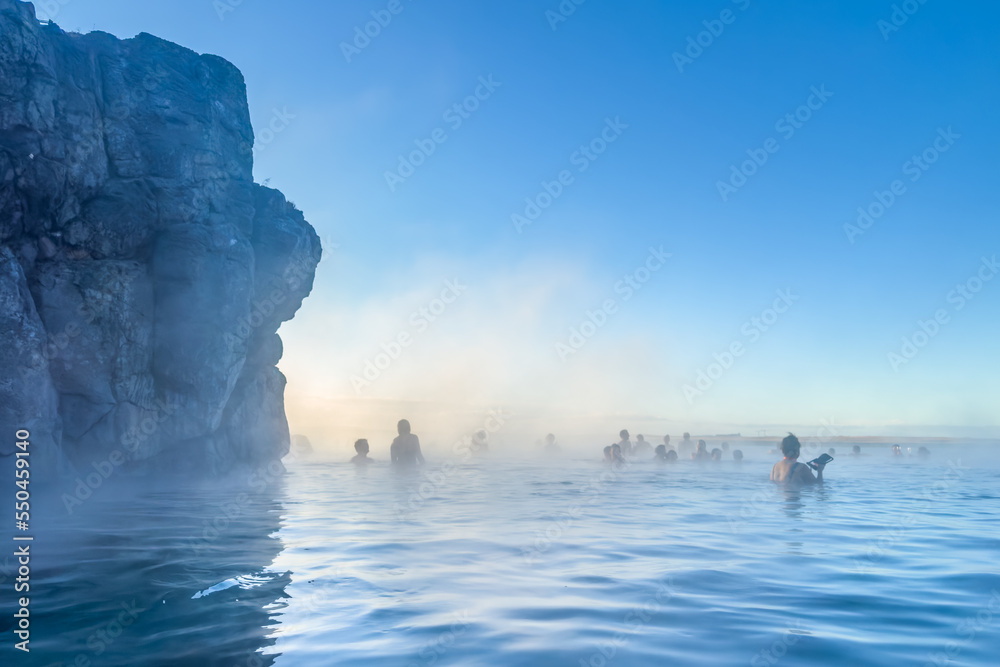 Obraz na płótnie Sky Lagoon: famous luxury spa resort in Reykjavik in winter sunny day w salonie